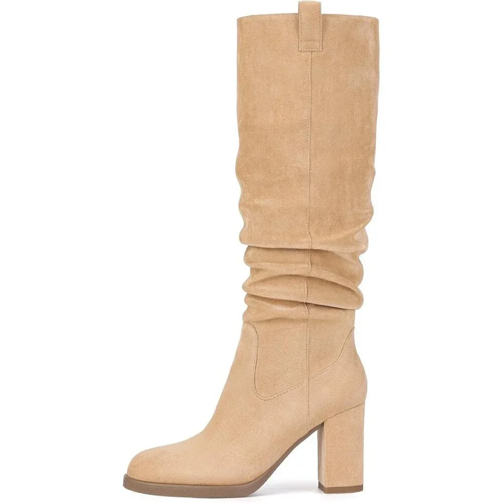 Women's Tan Tall Chunky High Heel Side Zipper Knee High Boots With Party